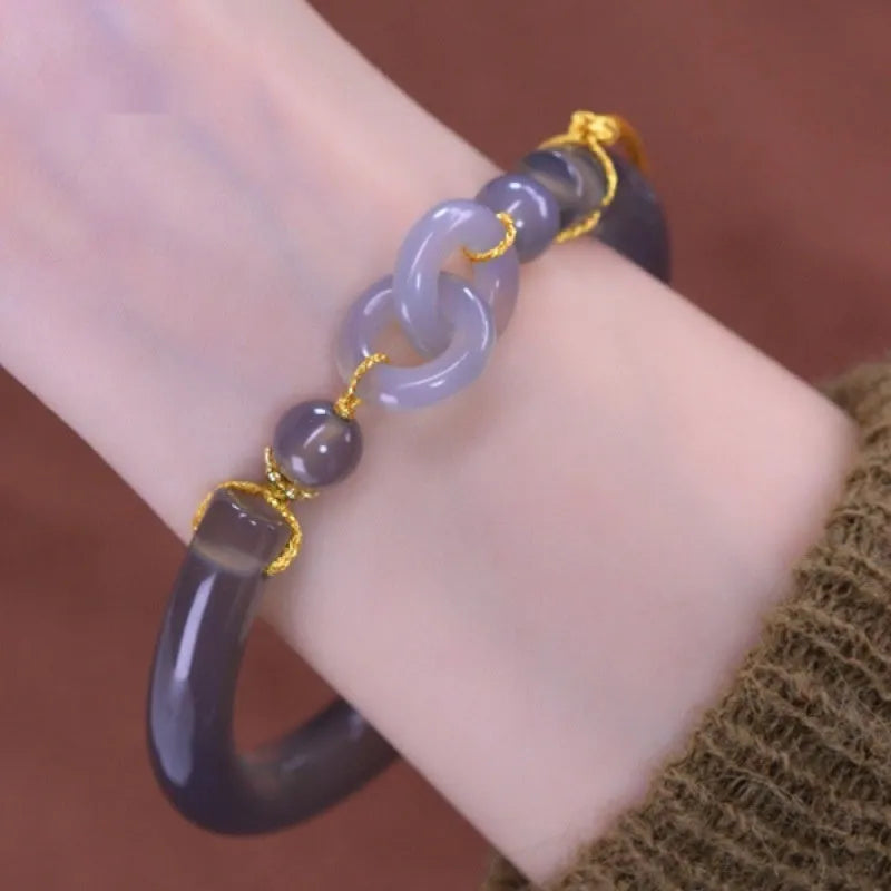 Grey smoke purple agate half bracelet with metal ring buckle closure on wrist