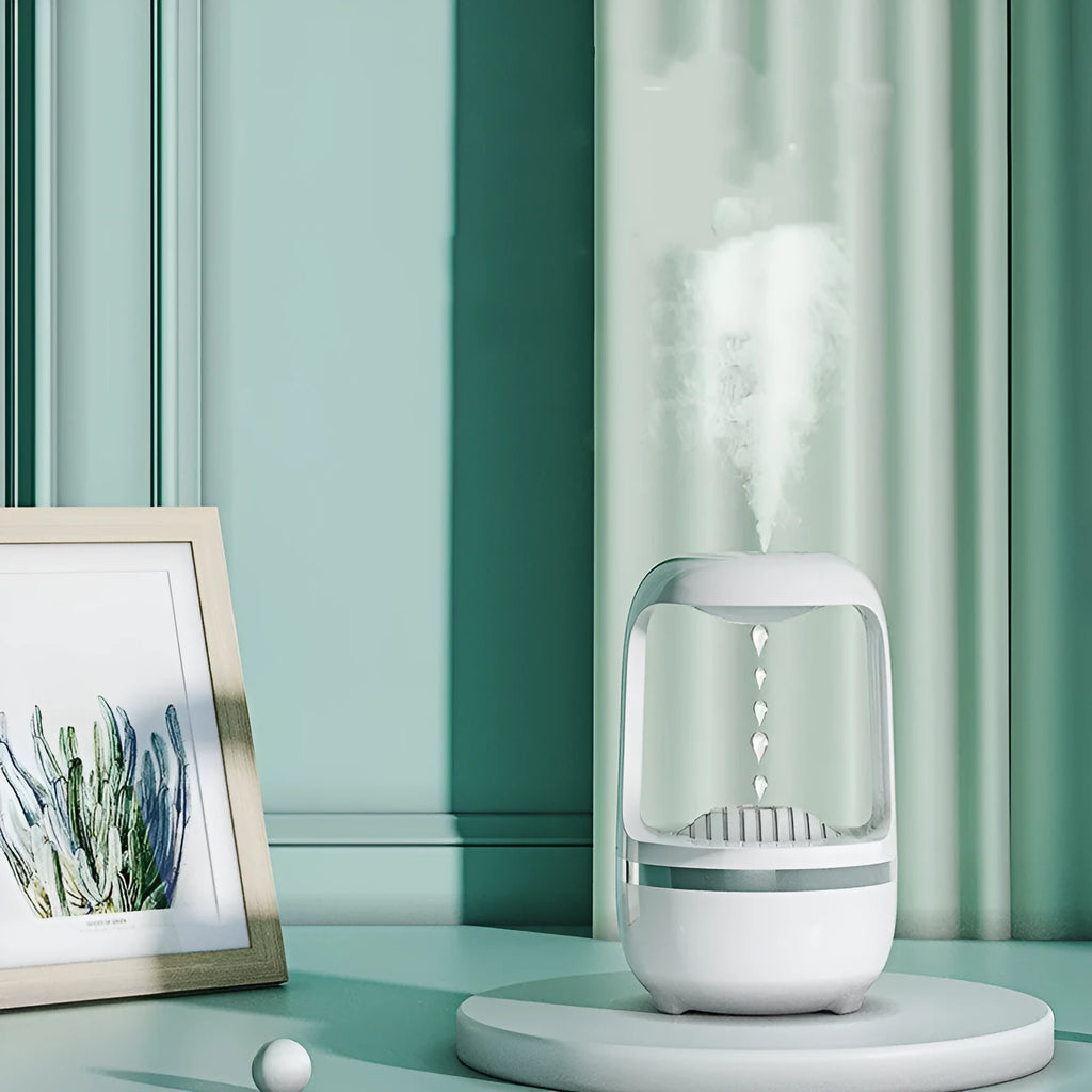 Black technology anti gravity water drop humidifier with atmosphere lamp, round ABS plastic shell, white colour, USB powered