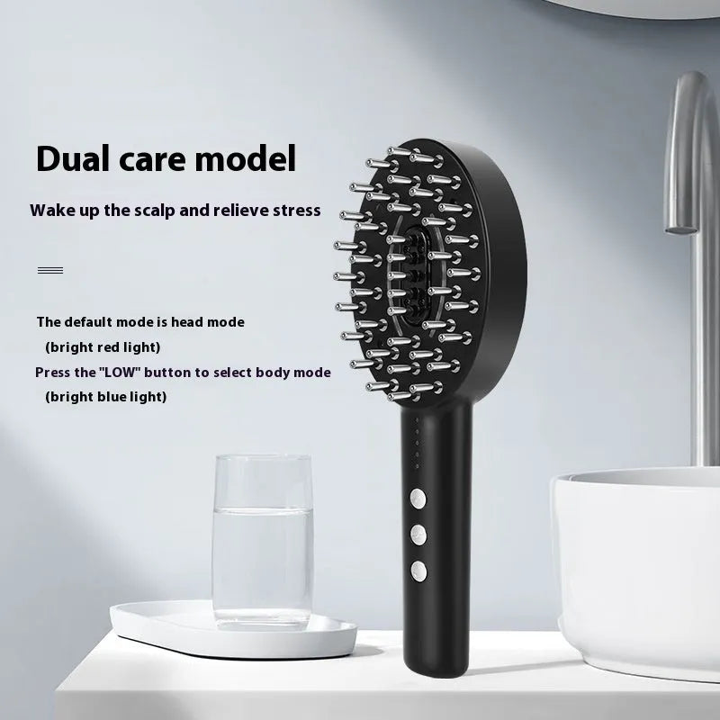 KD3802 Black scalp massage device with USB charging cable on a white background.