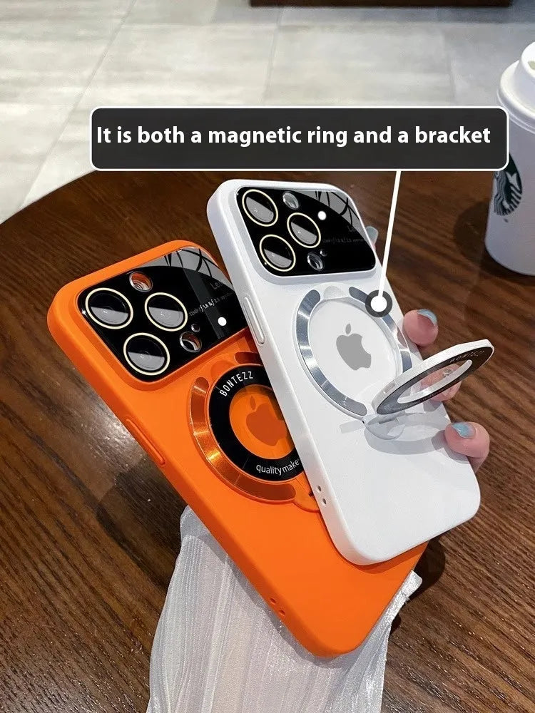 Magnetic flip iPhone case in black with built-in bracket and lens protection, all-inclusive PC shell.