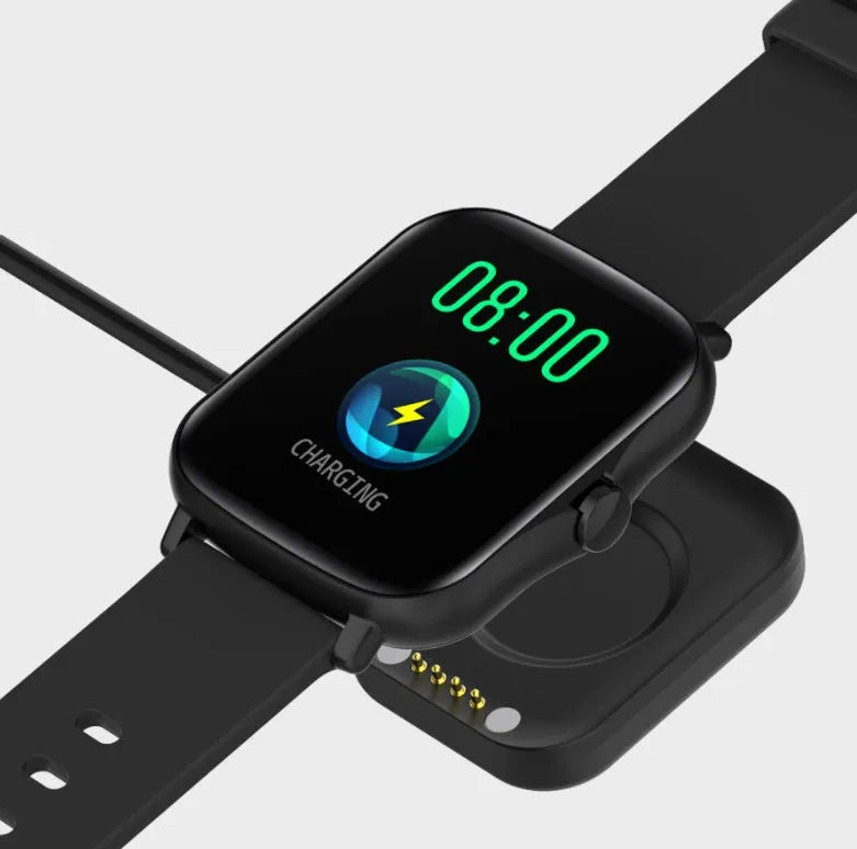 Smart watch with blue strap and 1.7-inch colour touch screen displaying time and heart rate