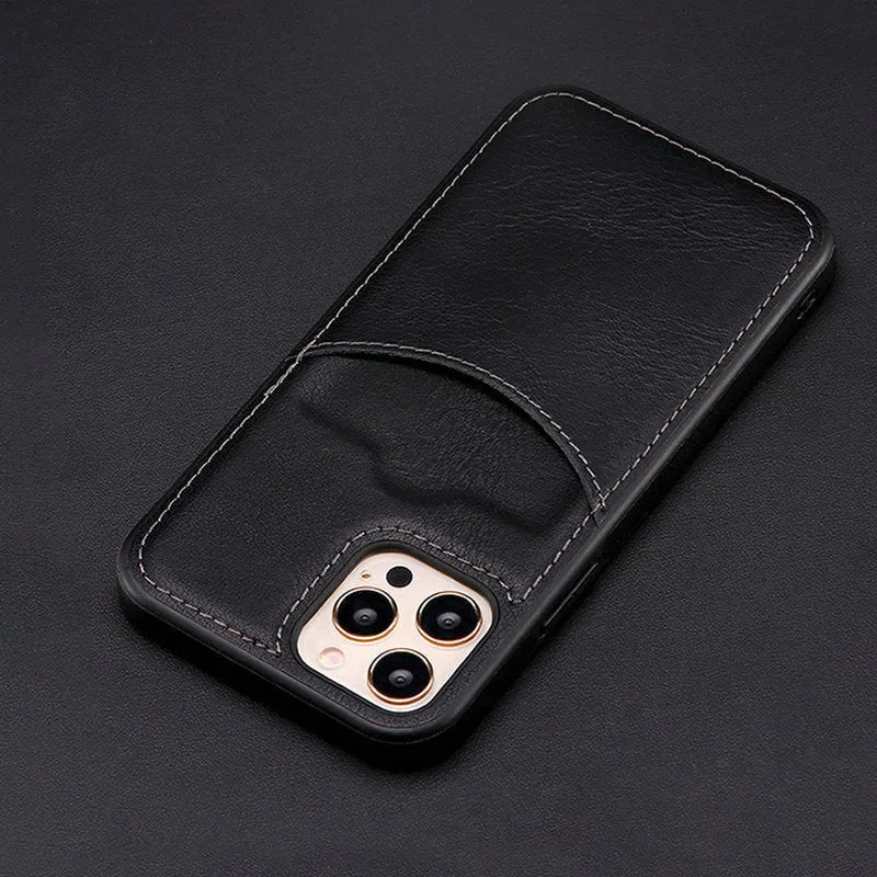 Dark blue PU leather protective case for an iPhone on a table.