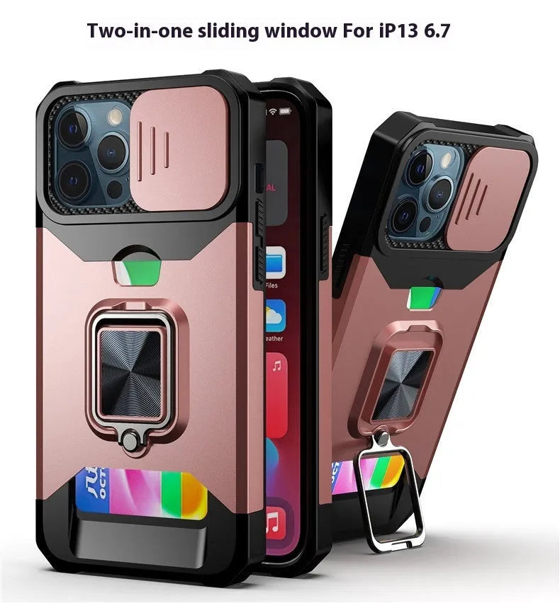 Drop-resistant protective phone case with sliding window and ring for iPhone models in black