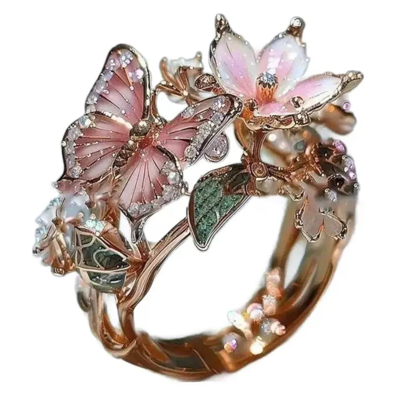 INS Flower Butterfly Ring with Rhinestones and Oil Dropping Design Fashion Personalized Jewelry for Women Open Mouth Alloy Butterfly Ring Adjustable Size