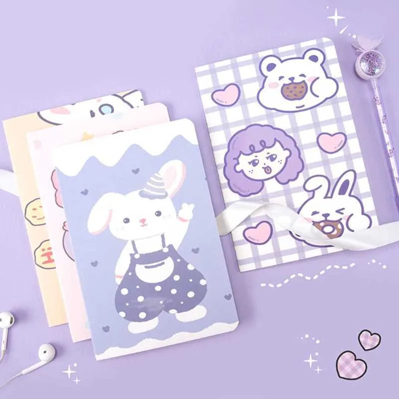 Colourful cartoon A5 notebook with 30 sheets, showing Strawberry Rabbit and Kumamoto Rabbit design options.