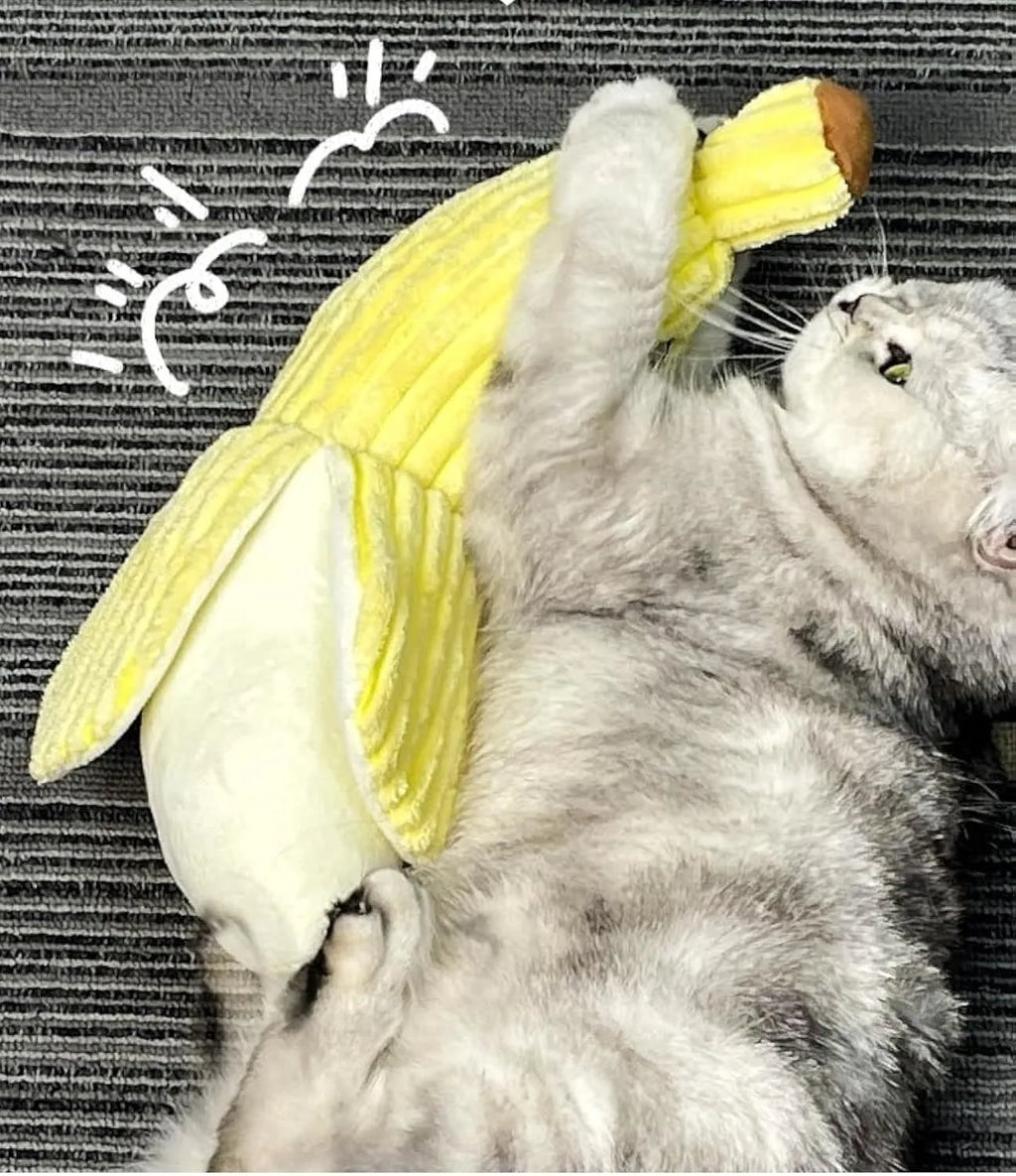 Yellow banana-shaped cat toy with crinkle paper and catnip for indoor play