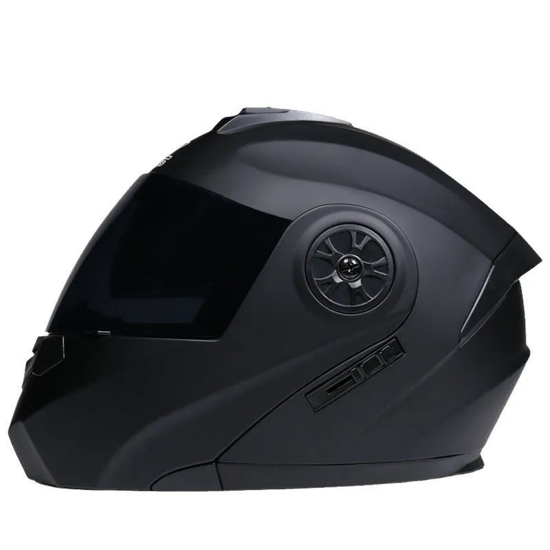 Matte black full face motorcycle helmet with black mirror visor showing ABS construction and multiple sizing options