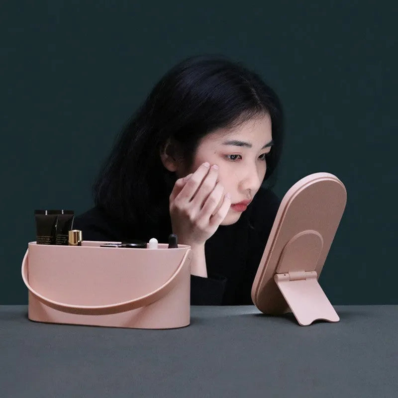 Portable pink and white makeup mirror with storage box and aluminium mirror lens