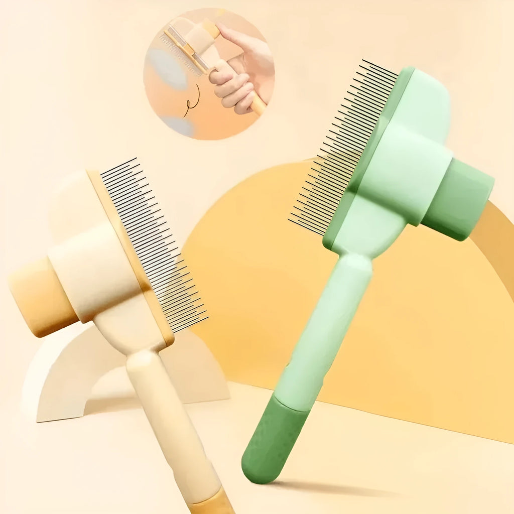 Green and yellow pet grooming brush with one-click hair removal and anti-mite cleaning bristles for dogs
