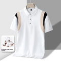 Men's grey striped short sleeve T-shirt with a lapel collar, showing a loose fit.