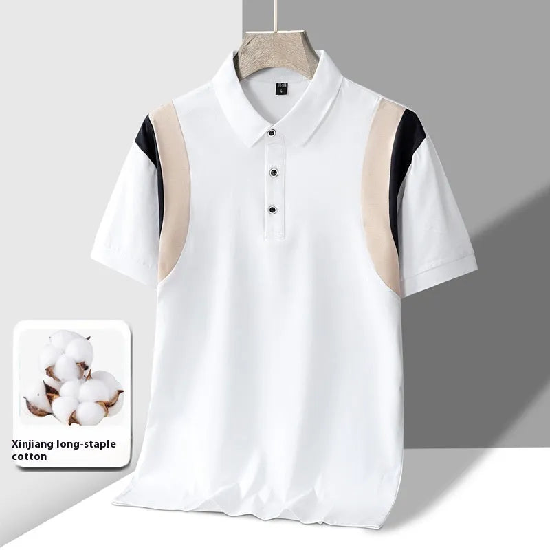Men's grey striped short sleeve T-shirt with a lapel collar, showing a loose fit.