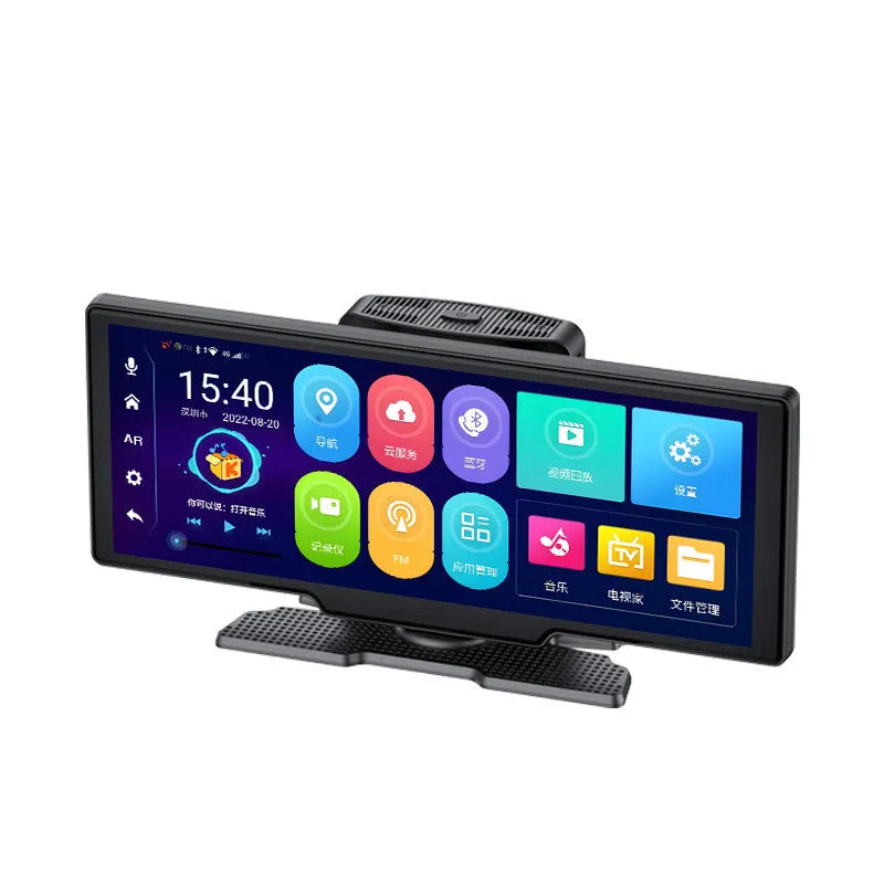 10-inch dashboard driving recorder with touchscreen display showing navigation map
