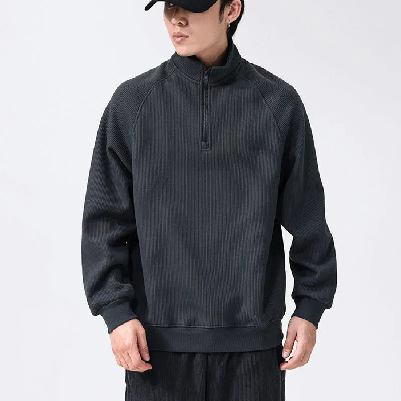 Men's fleece sweatshirt stand-collar long sleeve cotton blend pullover winter top in black