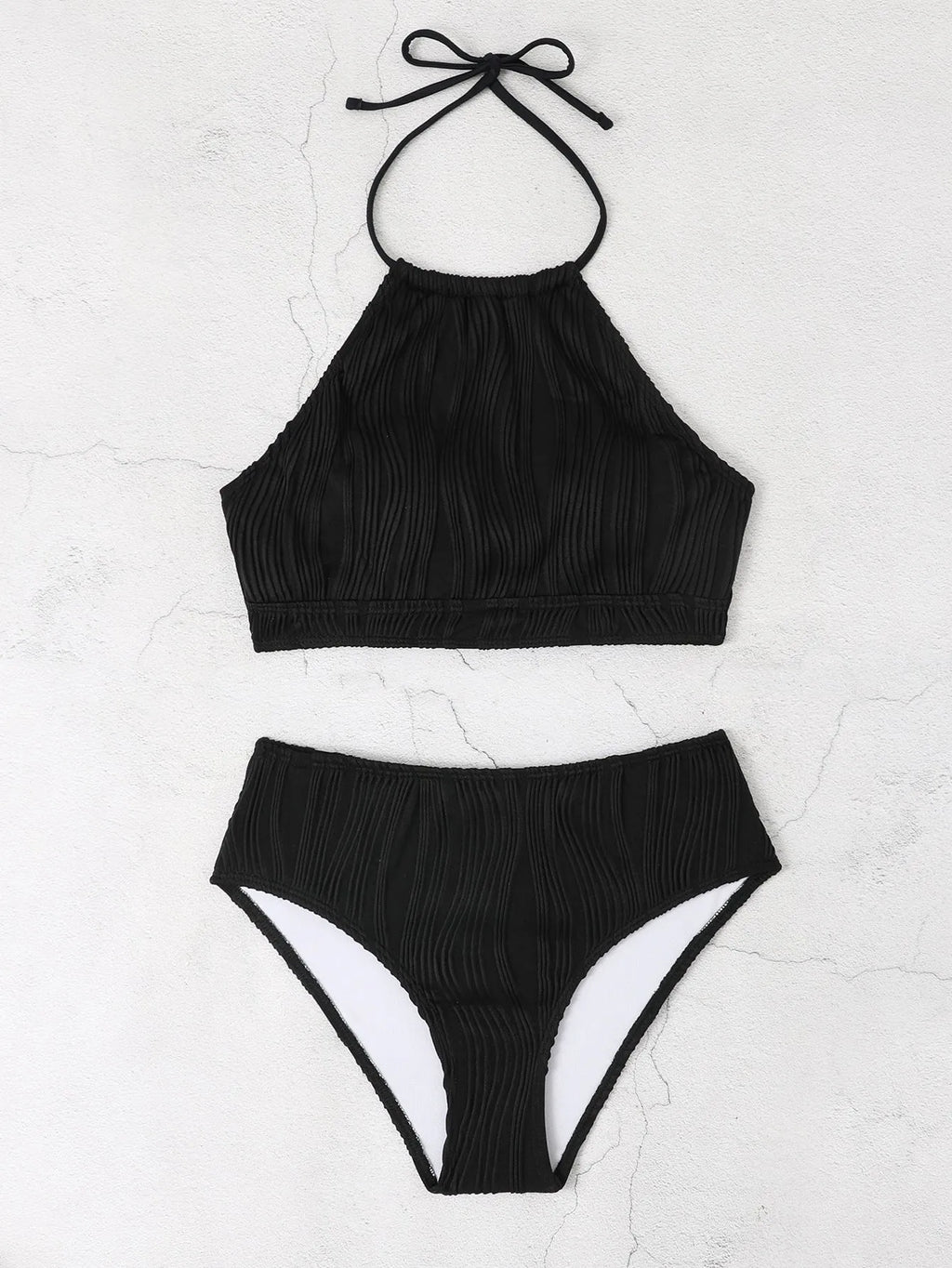 Women's conservative two-piece swimsuit with high waist apron design in polyester fabric