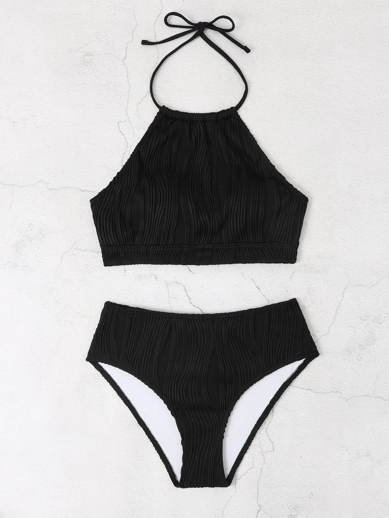 Women's conservative two-piece swimsuit with high waist apron design in polyester fabric