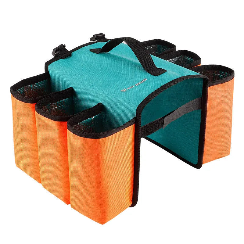 Black and orange double-sided bicycle drink storage bag mounted on a bike frame.