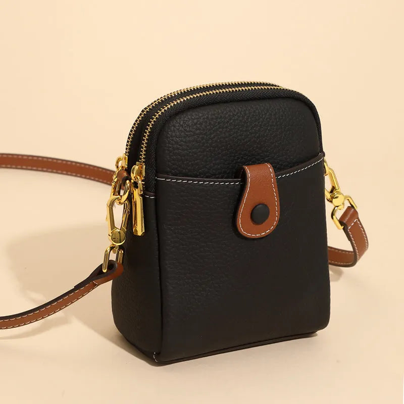Lychee pattern top layer cowhide leather small crossbody mobile phone bag with coin purse, 14cm x 8.5cm x 18cm, cream colour