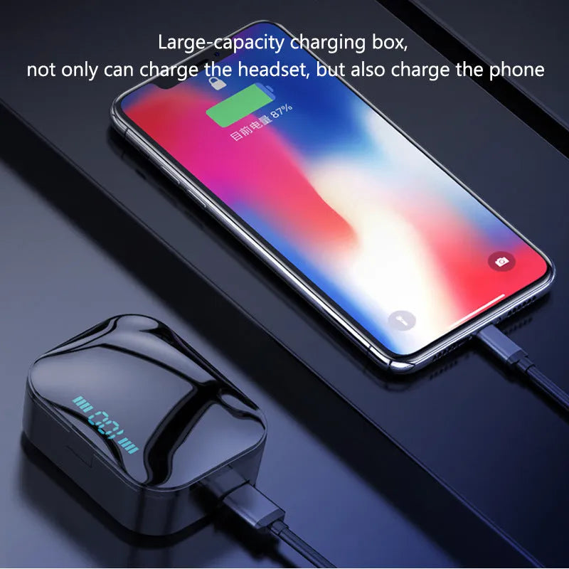 Black and white X7LED Bluetooth sports headphones with charging case showing LED indicators