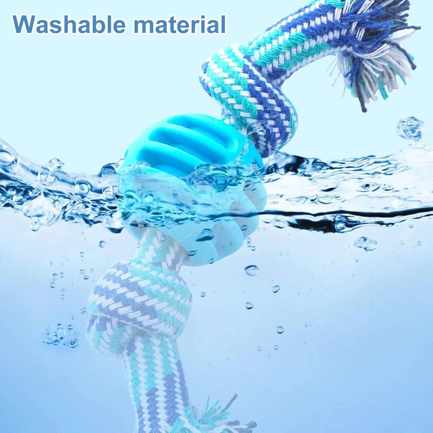 Blue soft dog chew toy with white ropes for cleaning teeth