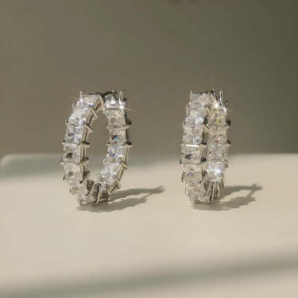 Women's micro inlaid square zircon copper earrings geometric circle design white gold colour finish