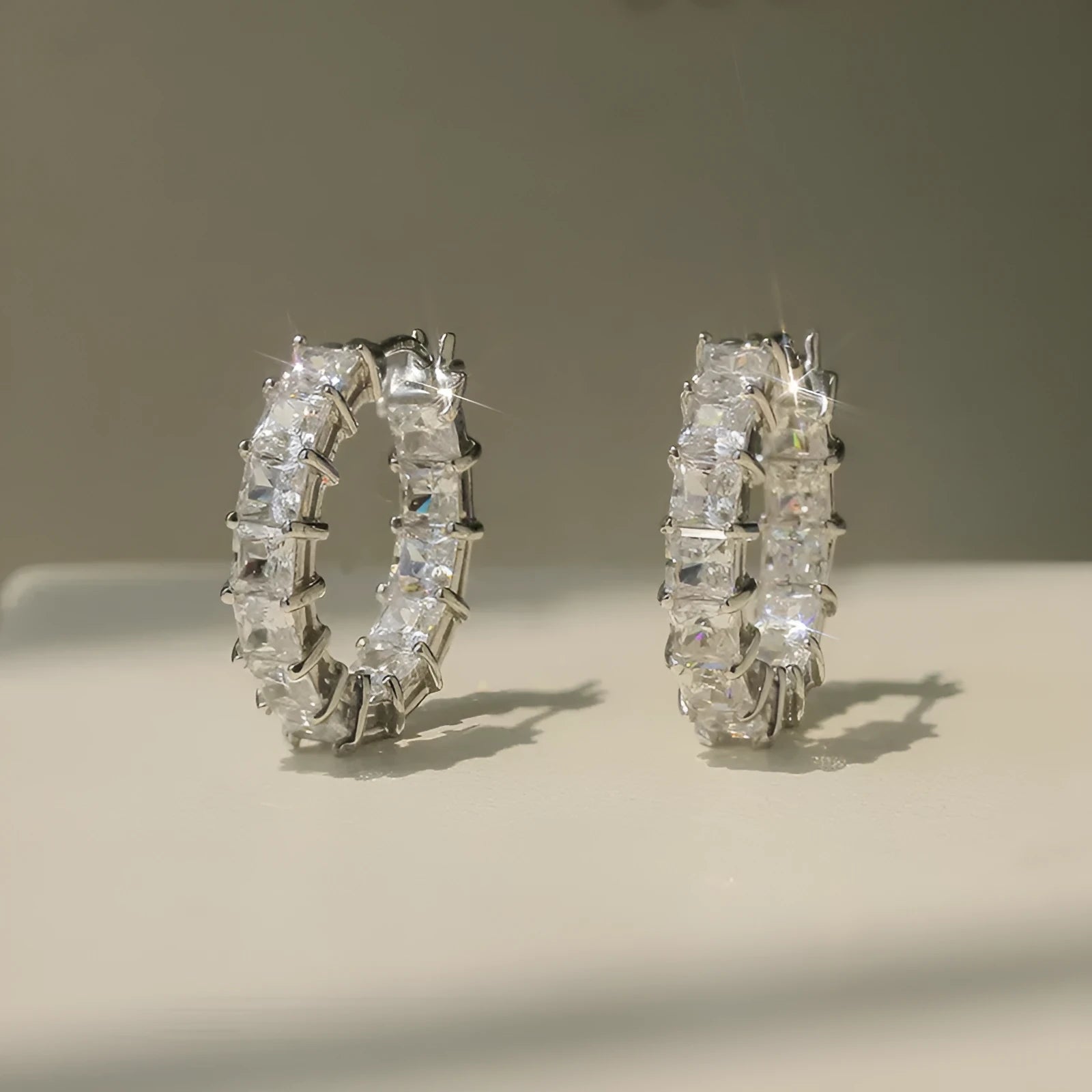 Women's micro inlaid square zircon copper earrings geometric circle design white gold colour finish