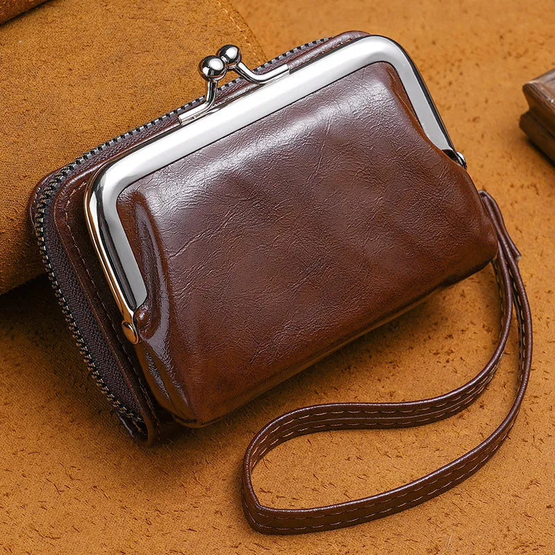 Ladies' buckle coin purse with a 4-inch metal clip attached, shown in available colours.