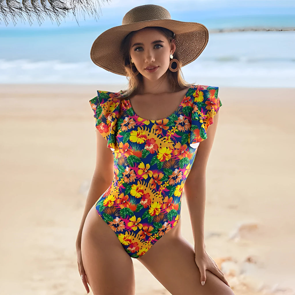 Women's one-piece swimsuit with U-shaped collar and lace detail on polyester fabric.