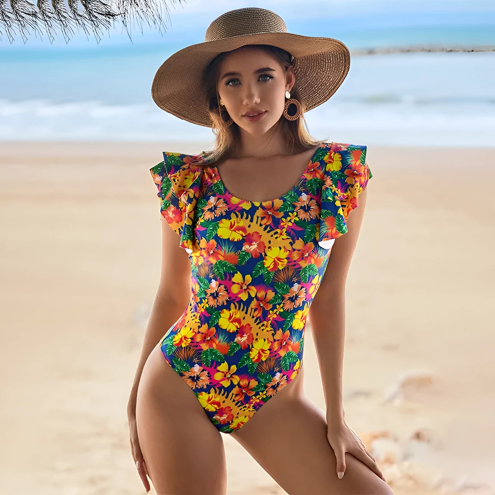 Women's one-piece swimsuit with U-shaped collar and lace detail on polyester fabric.