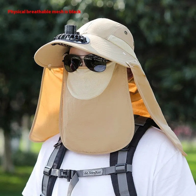 Men's khaki sun hat with built-in fan and neck covering shawl for outdoor fishing.