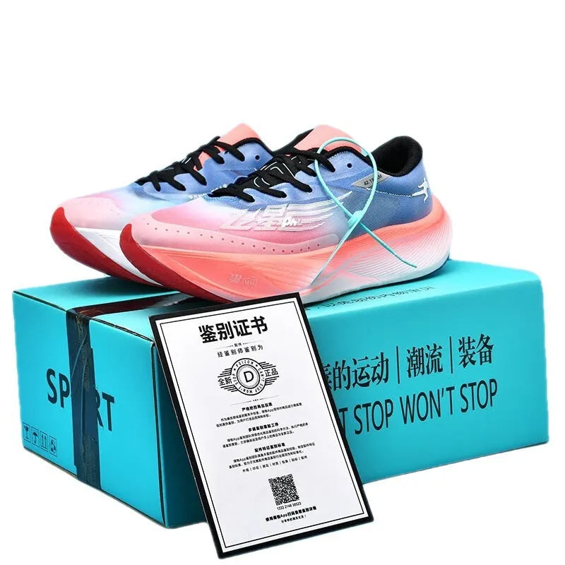 Low top carbon plate racing sneaker in Glacier colour with PU mesh upper and natural rubber sole.
