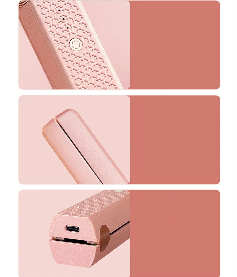 Pink and green mini cordless USB hair straightener with ceramic plates for travel
