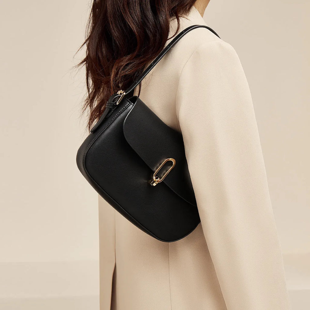Black genuine cowhide leather square shoulder messenger bag with lock detail