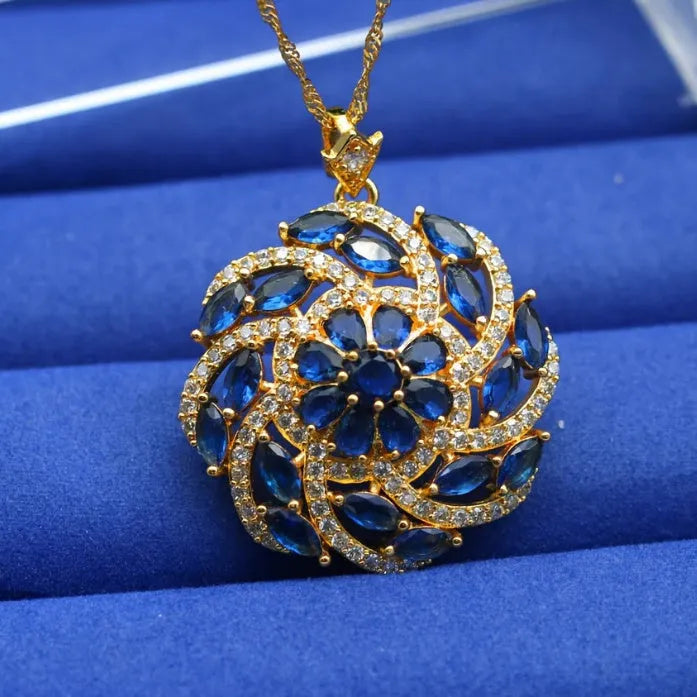 Spiral flower pendant necklace with colour zircon, real gold plating, and copper base