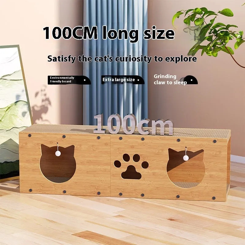 Brown corrugated paper pet tunnel toy, 100cm long, vertical design for cats and small pets