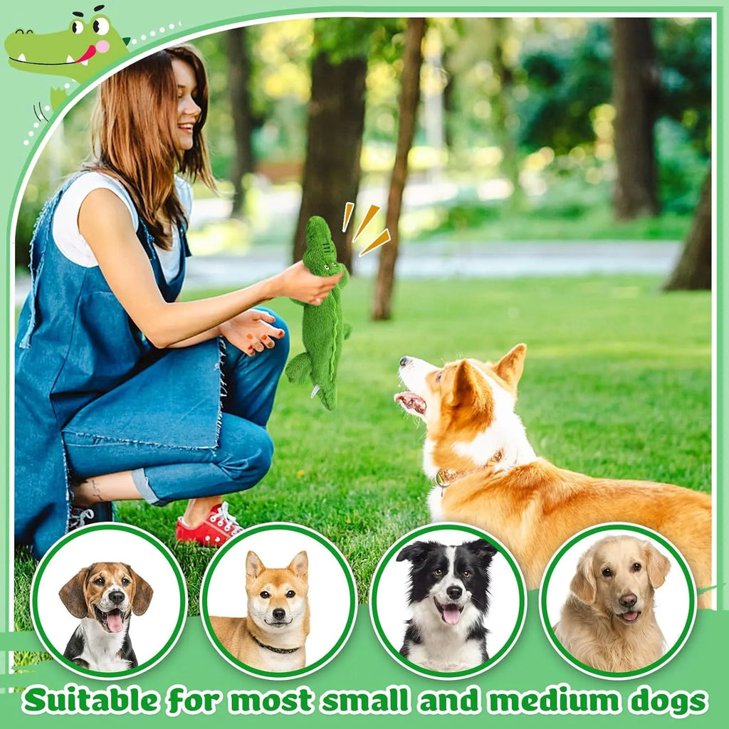 Green crocodile-shaped plush dog toy with no stuffing for safe chewing