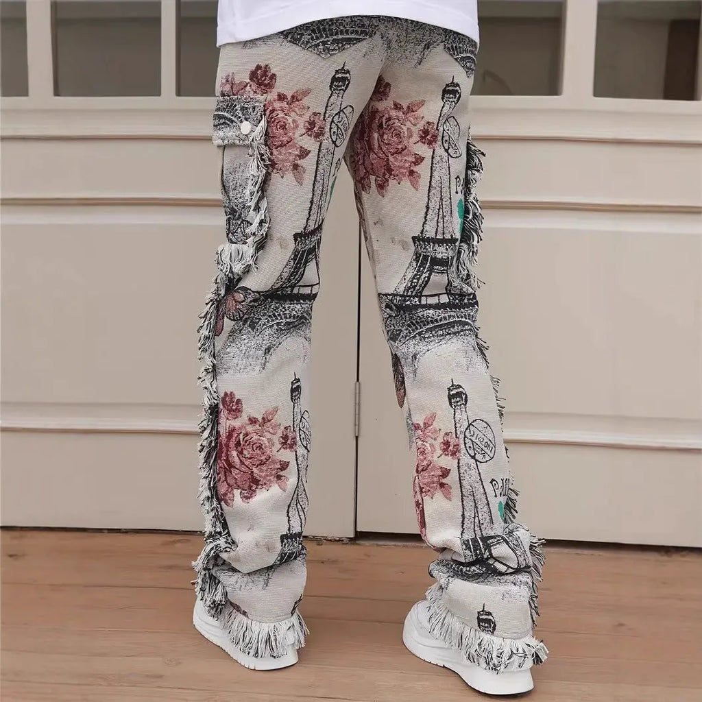 Men's slim fit animal digital print denim trousers in mid-waist casual style with zip fly