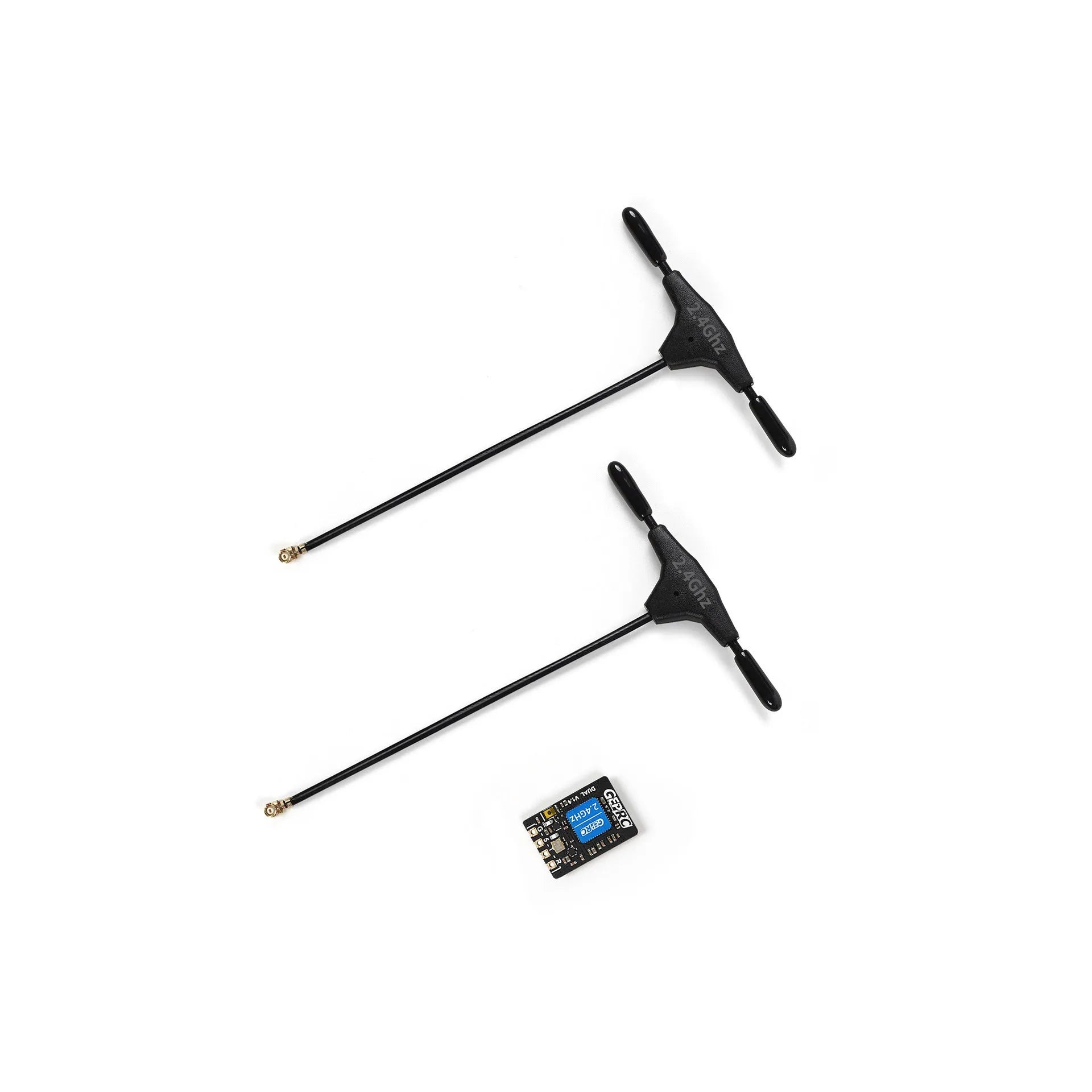 ELRS DUAL 24g Diversity Receiver with dual IPEX1 antenna connectors and RGB LED on a white background