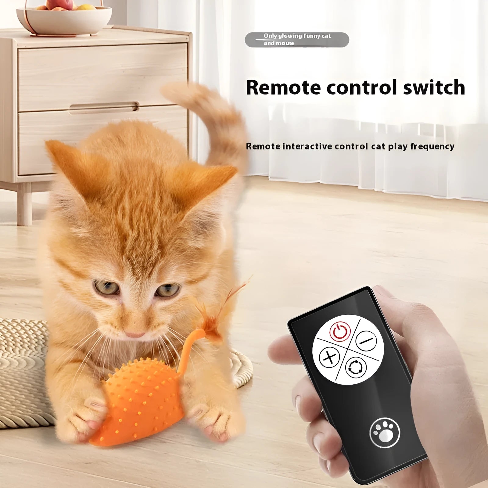 Remote control smart charging silicone mouse cat toy with feather attachment in cyan, orange and yellow colours