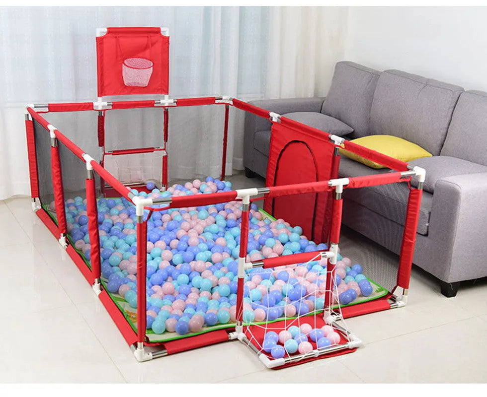 Children's playpen tent with steel frame and fabric walls in nursery setting