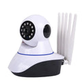 White wireless dome security camera showing front lens, mounted on a wall for surveillance.
