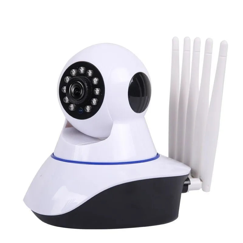 White wireless dome security camera showing front lens, mounted on a wall for surveillance.