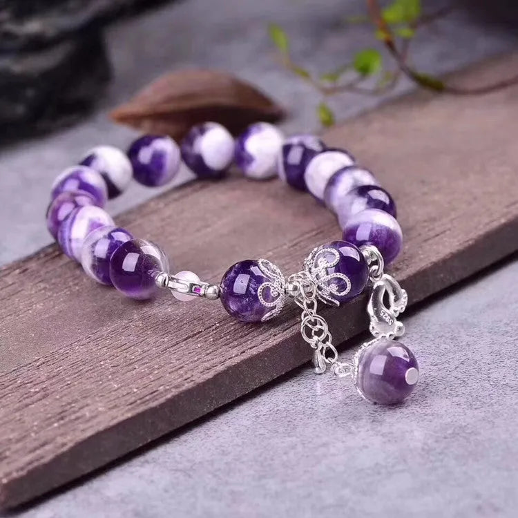 Purple amethyst round bead bracelet with 10mm diameter beads on single strand