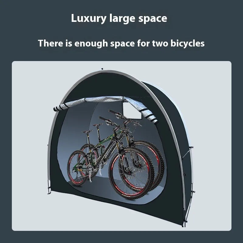 Black outdoor bicycle storage tent showing roof design for 2-3 bike weather protection