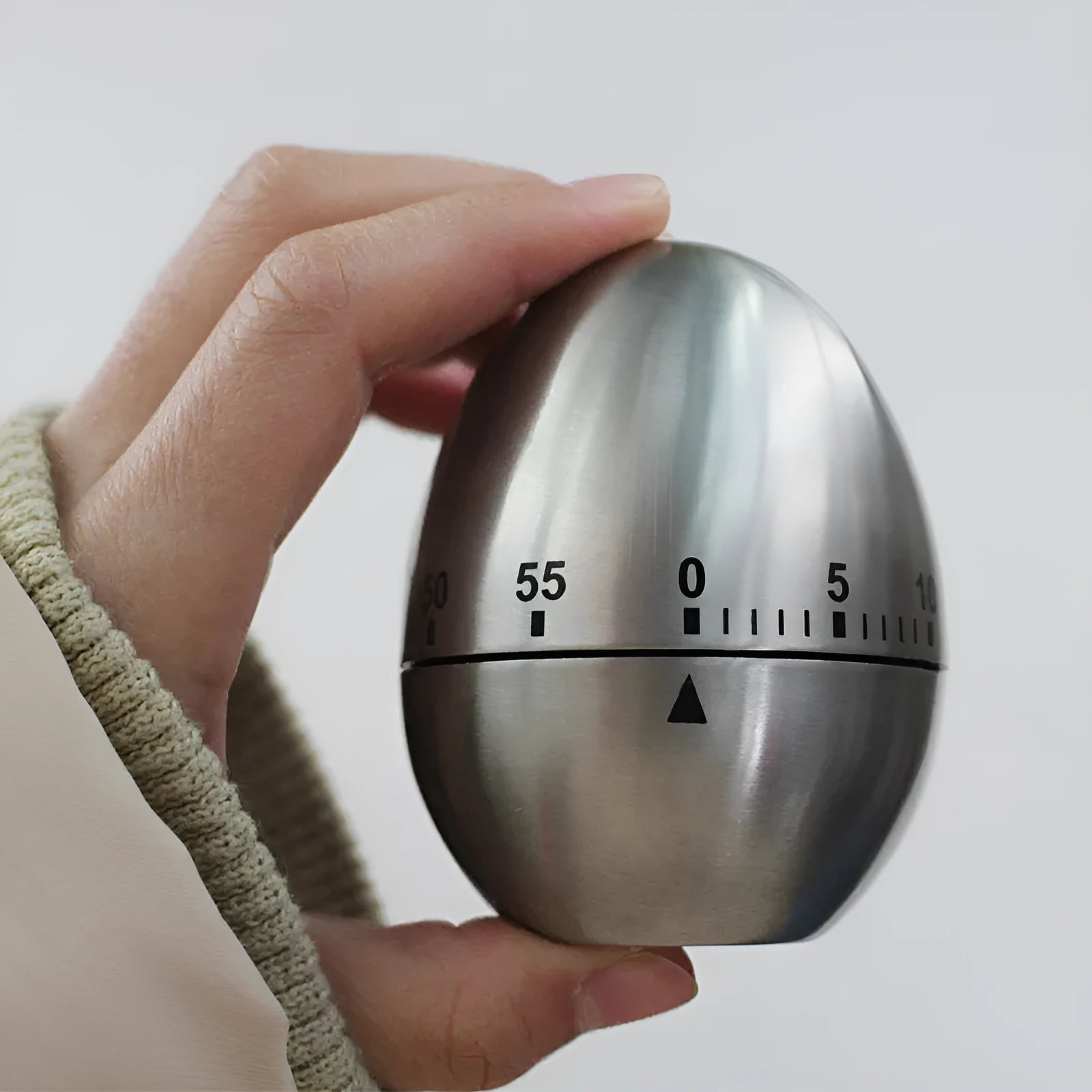 Stainless steel mechanical kitchen timer with egg-shaped design showing 60-minute dial