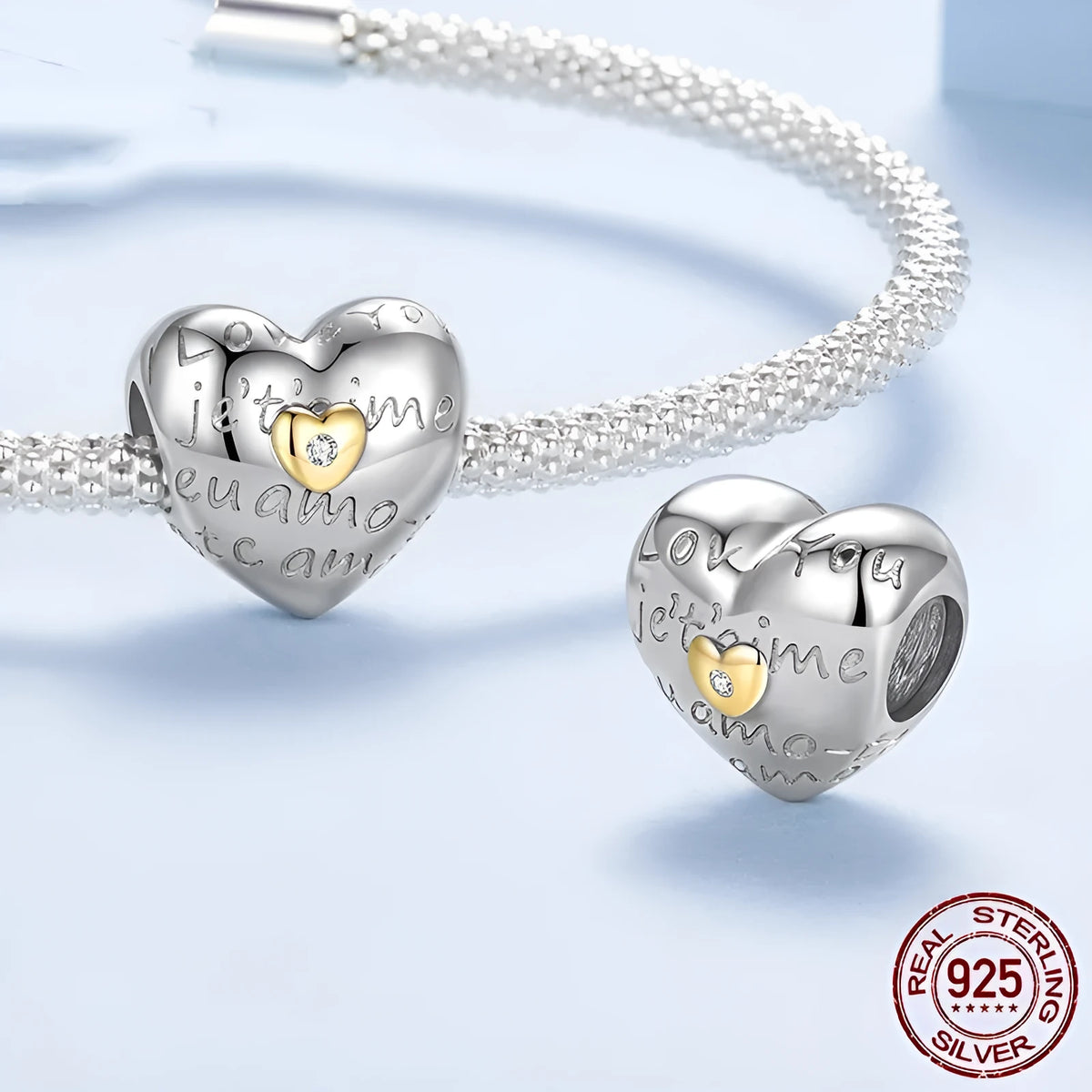 S925 sterling silver love heart bead charm, 1.1cm by 1.2cm with 0.45cm hole, colour BSC1135