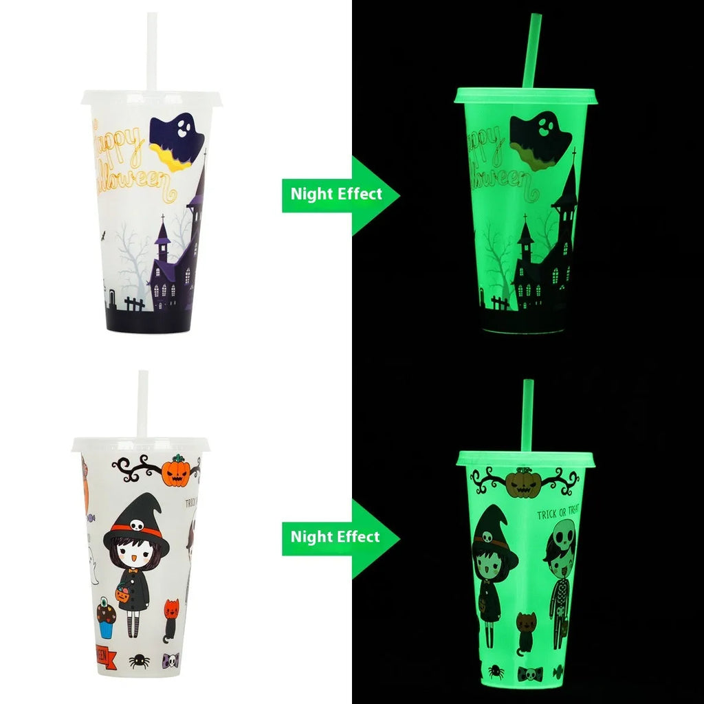 720ml orange Halloween pumpkin plastic cup with luminous straw on a dark background.