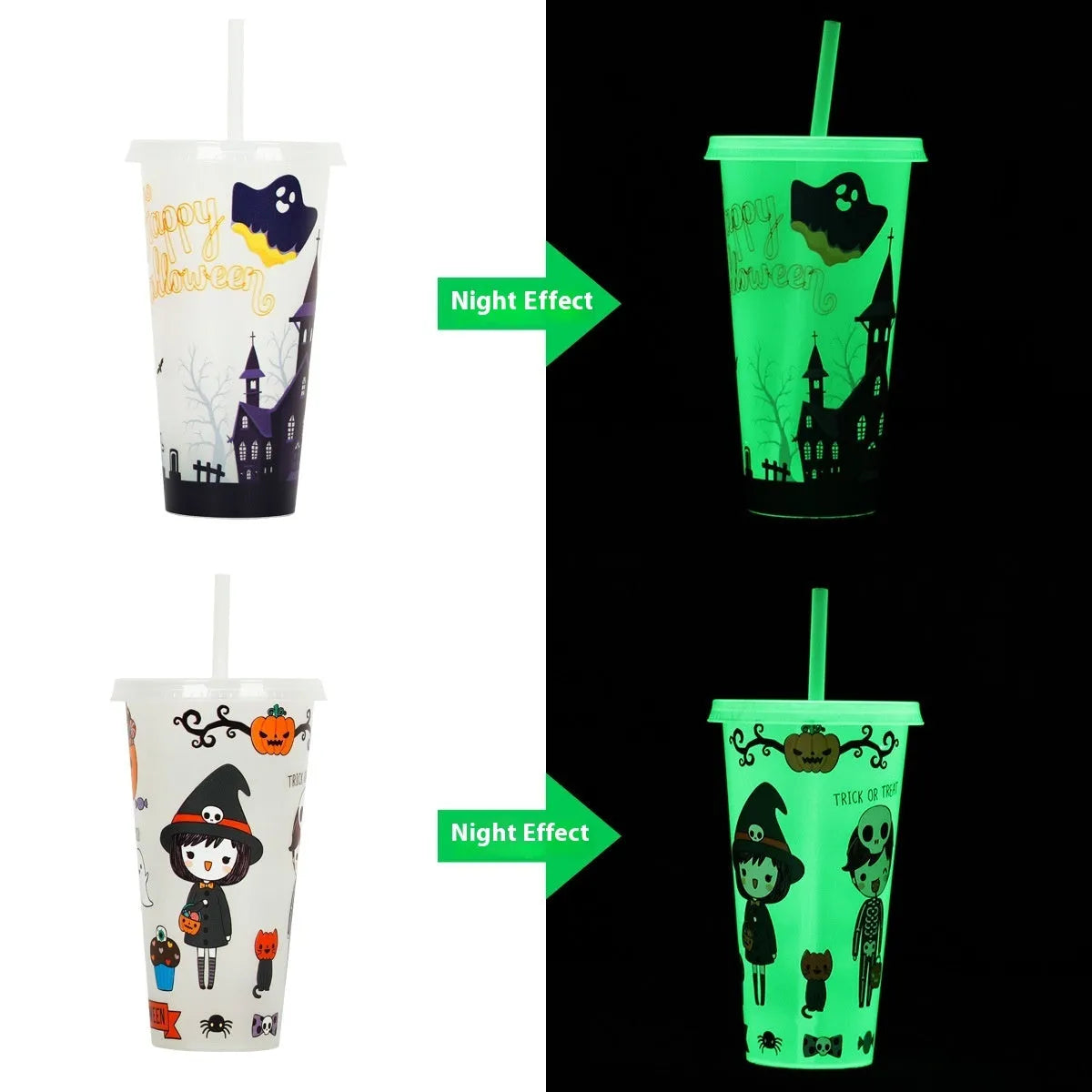 720ml orange Halloween pumpkin plastic cup with luminous straw on a dark background.