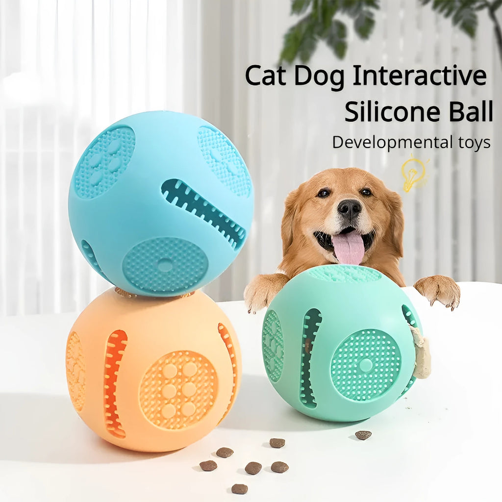 Silicone dice-shaped dog toy in yellow, sky blue, or green for treat dispensing and slow feeding.