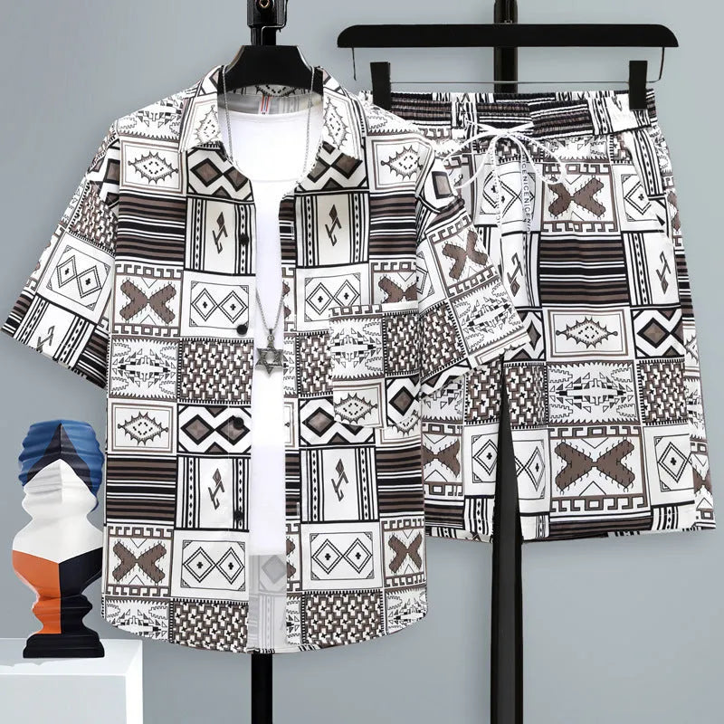Men's casual sports shorts two-piece set in lightweight polyester, showing short sleeve top and matching shorts.