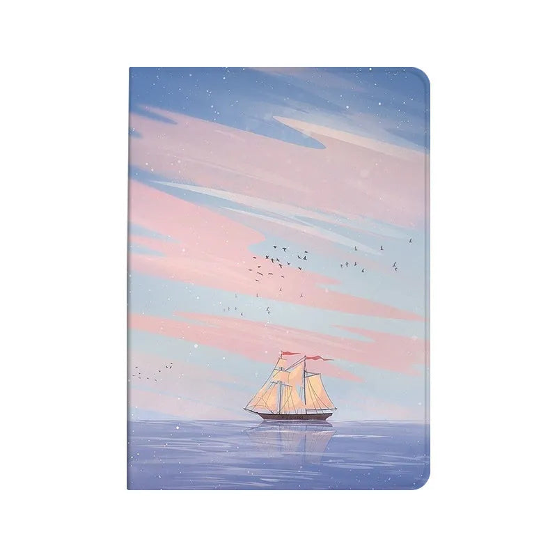Silicone iPad cover with dreamy painting style sailing design in book style